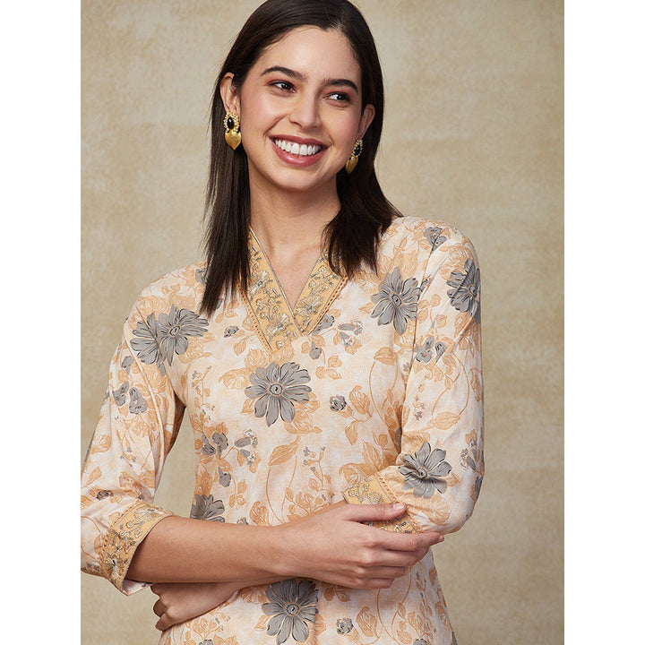 FASHOR Floral Printed & Embroidered Kurta with Pant - Beige (Set of 2)