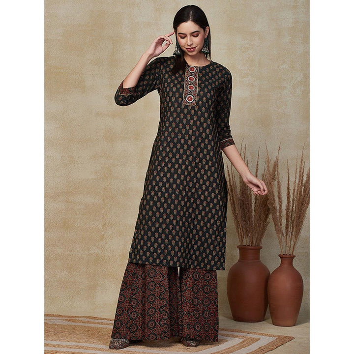 FASHOR Printed & Embroidered Kurta with Sharara - Green (Set of 2)