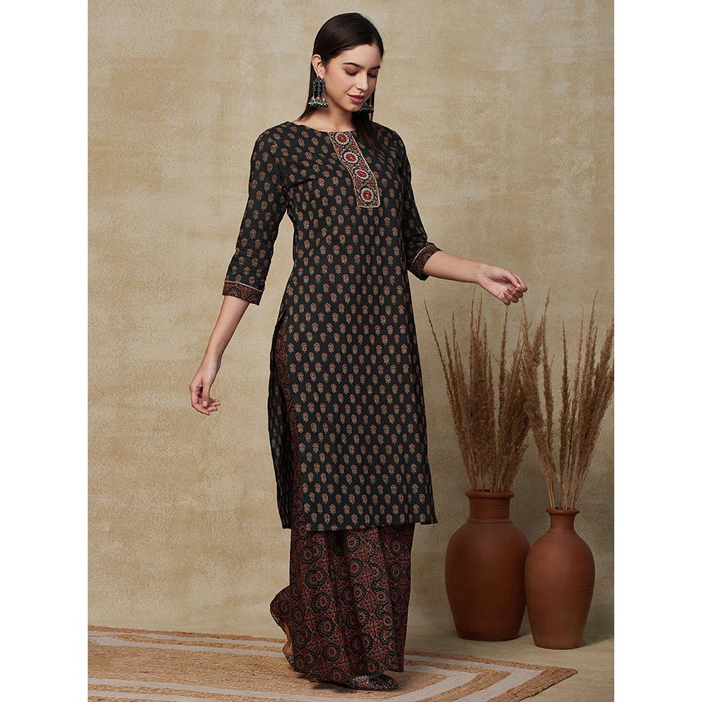 FASHOR Printed & Embroidered Kurta with Sharara - Green (Set of 2)