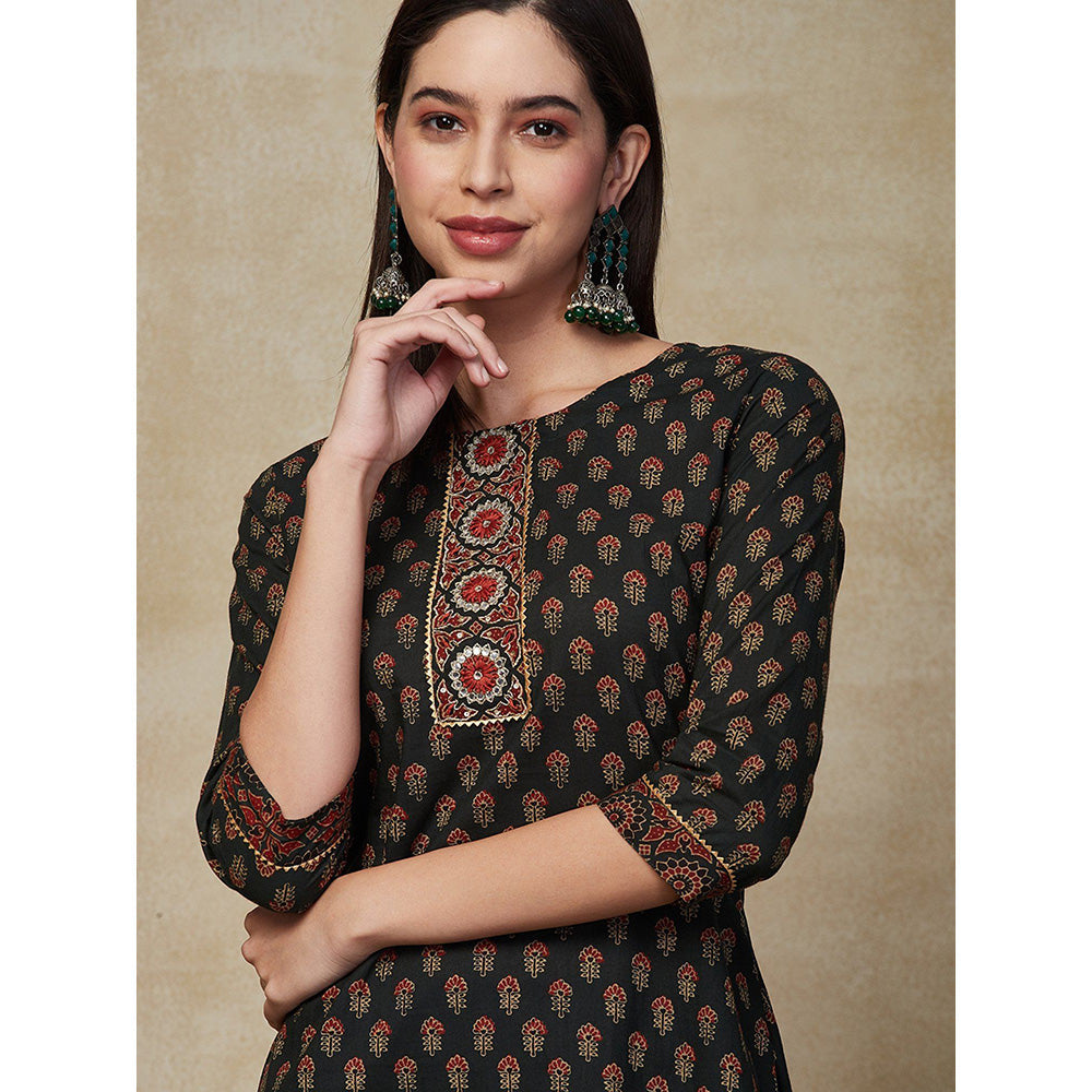 FASHOR Printed & Embroidered Kurta with Sharara - Green (Set of 2)