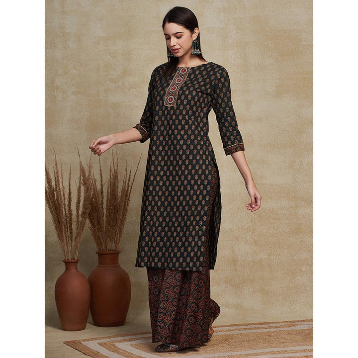 FASHOR Printed & Embroidered Kurta with Sharara - Green (Set of 2)