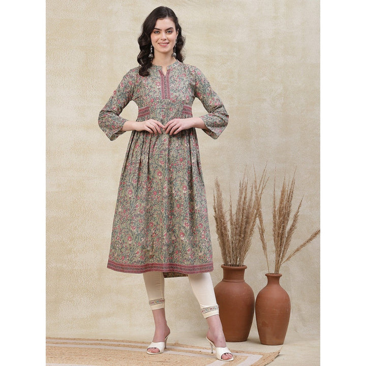 FASHOR Ethnic Floral Printed Kurta - Pastel Green