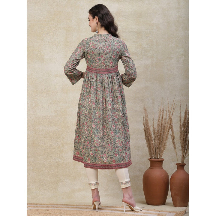 FASHOR Ethnic Floral Printed Kurta - Pastel Green