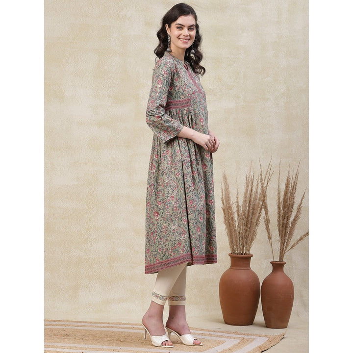 FASHOR Ethnic Floral Printed Kurta - Pastel Green