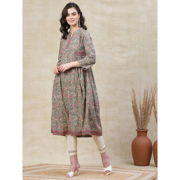 FASHOR Ethnic Floral Printed Kurta - Pastel Green