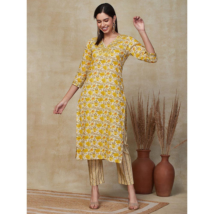 FASHOR Floral Printed & Embroidered Kurta with Pant - Yellow (Set of 2)