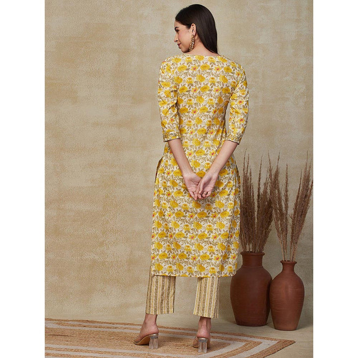 FASHOR Floral Printed & Embroidered Kurta with Pant - Yellow (Set of 2)