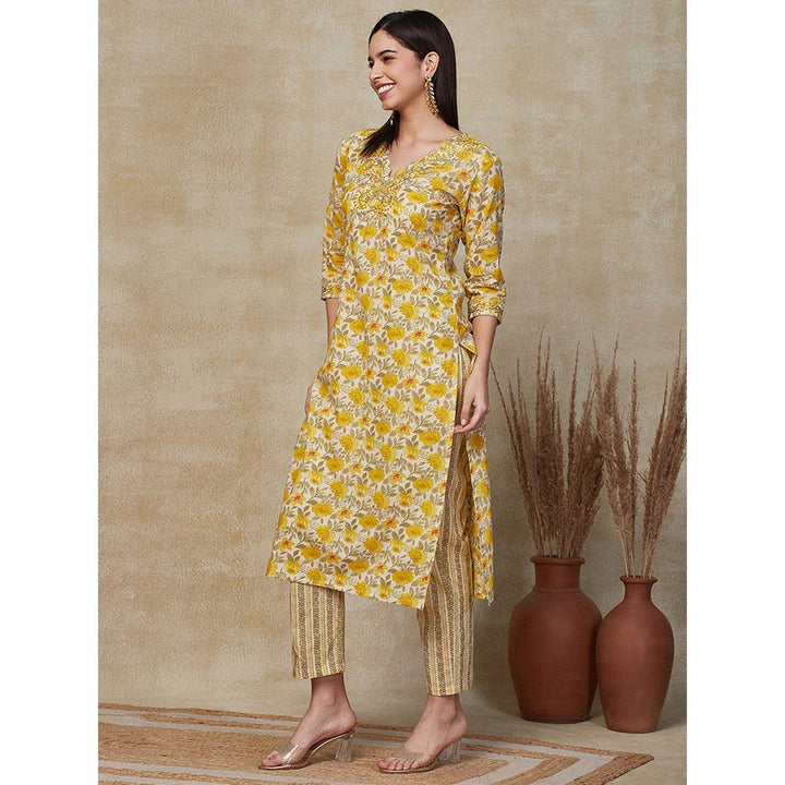 FASHOR Floral Printed & Embroidered Kurta with Pant - Yellow (Set of 2)