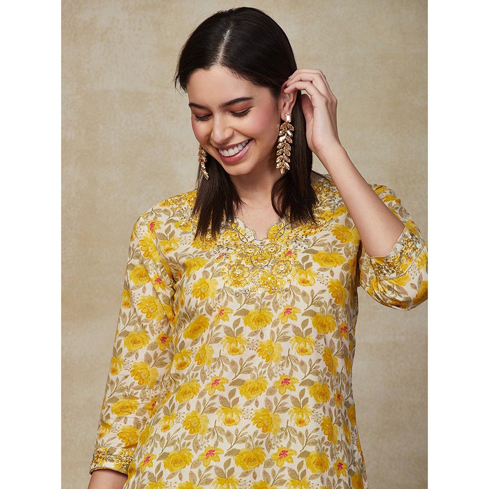 FASHOR Floral Printed & Embroidered Kurta with Pant - Yellow (Set of 2)