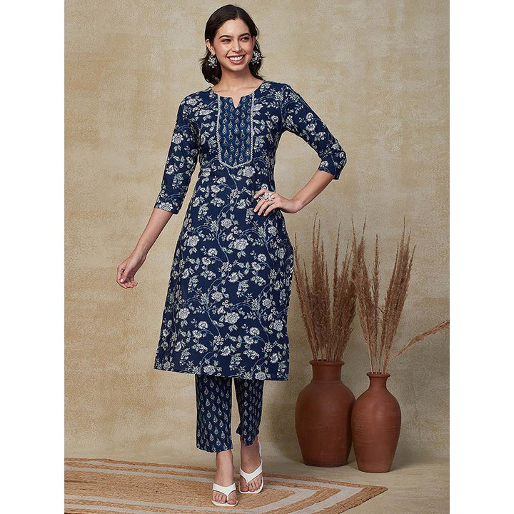 FASHOR Floral Printed Embroidered Kurta With Pants - Blue (Set of 2)