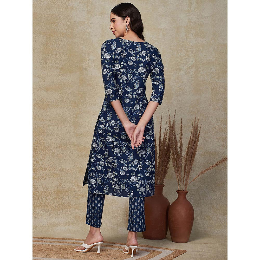 FASHOR Floral Printed Embroidered Kurta With Pants - Blue (Set of 2)