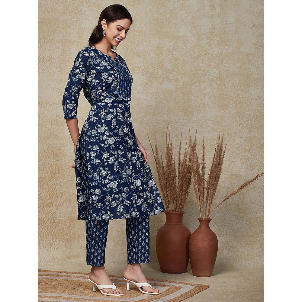 FASHOR Floral Printed Embroidered Kurta With Pants - Blue (Set of 2)