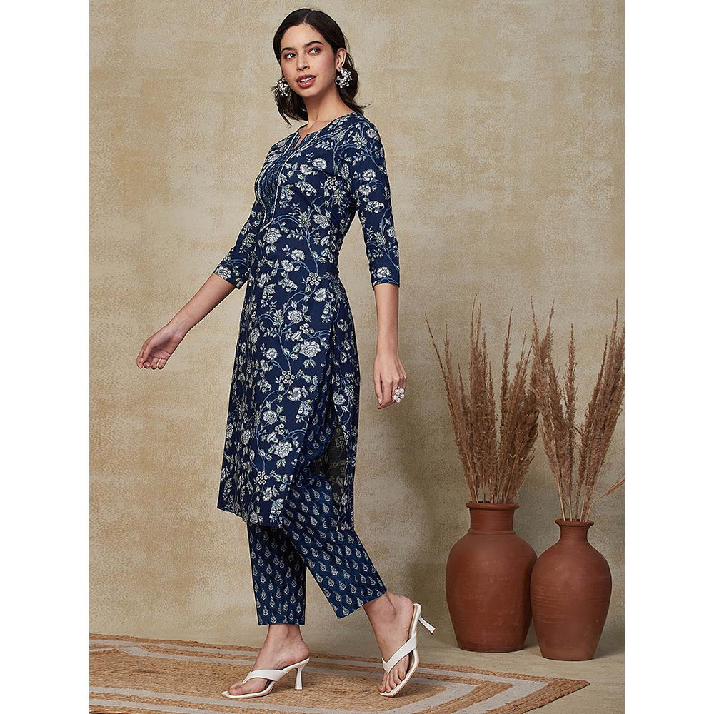 FASHOR Floral Printed Embroidered Kurta With Pants - Blue (Set of 2)