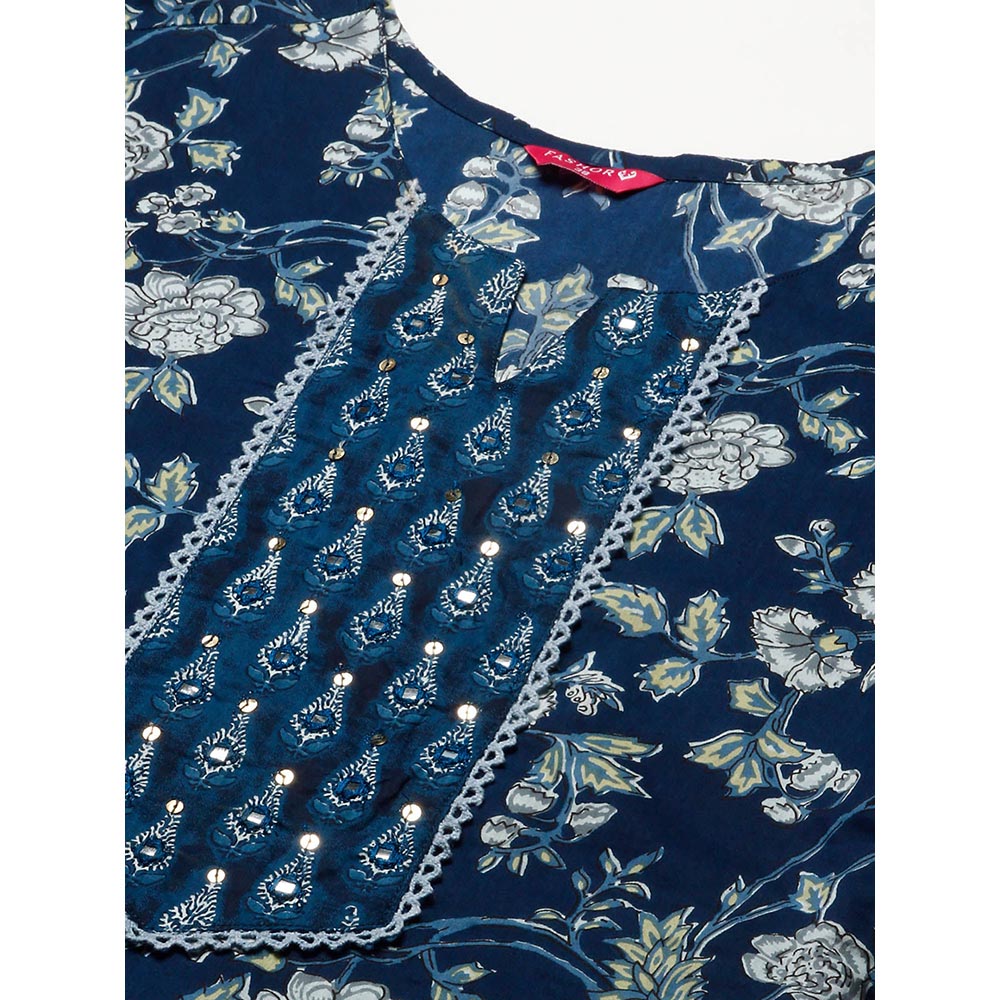 FASHOR Floral Printed Embroidered Kurta With Pants - Blue (Set of 2)