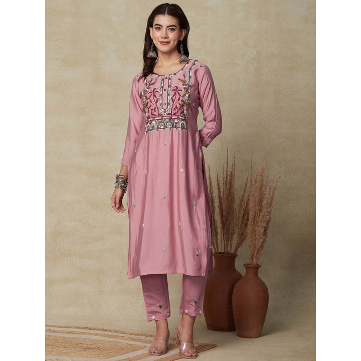 FASHOR Floral Hand Embroidered Straight Fit Kurta - Pink