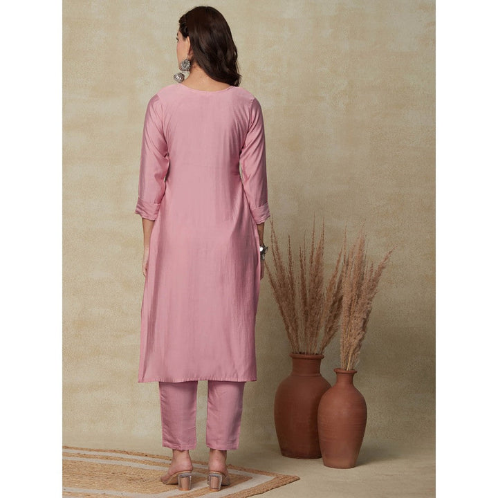 FASHOR Floral Hand Embroidered Straight Fit Kurta - Pink