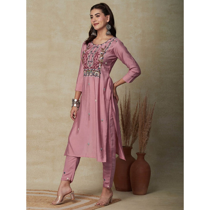 FASHOR Floral Hand Embroidered Straight Fit Kurta - Pink