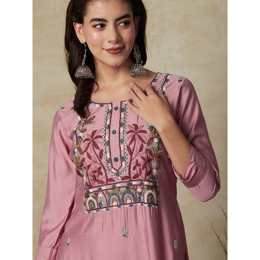 FASHOR Floral Hand Embroidered Straight Fit Kurta - Pink