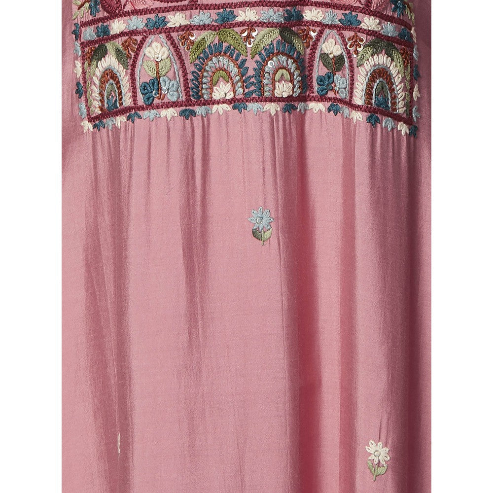 FASHOR Floral Hand Embroidered Straight Fit Kurta - Pink