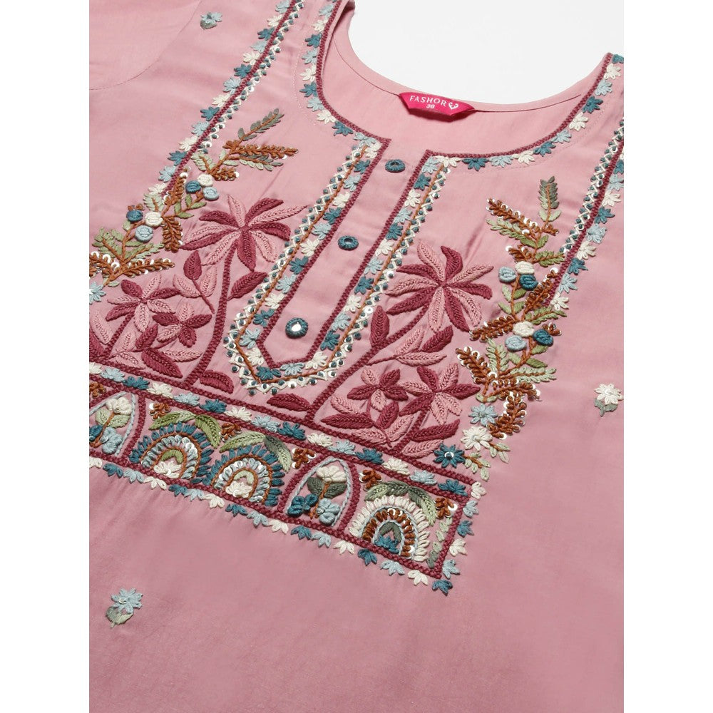 FASHOR Floral Hand Embroidered Straight Fit Kurta - Pink