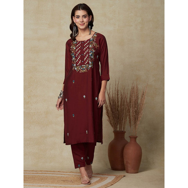 FASHOR Floral Hand Embroidered Straight Fit Kurta - Maroon