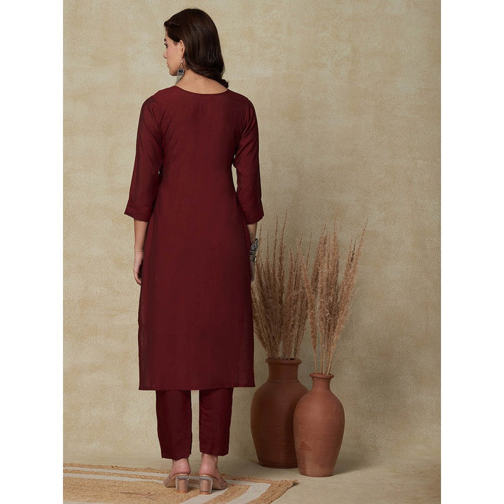 FASHOR Floral Hand Embroidered Straight Fit Kurta - Maroon