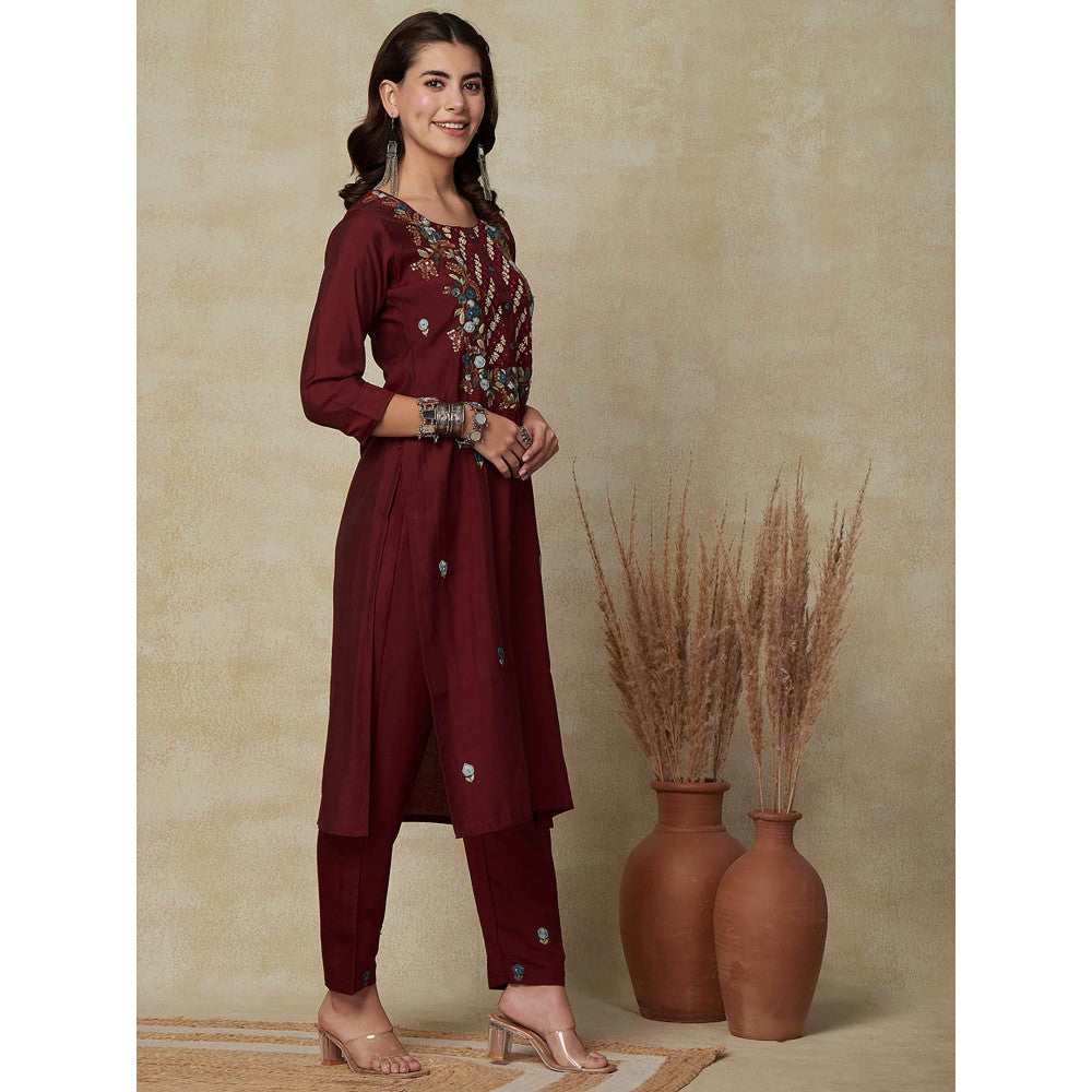 FASHOR Floral Hand Embroidered Straight Fit Kurta - Maroon