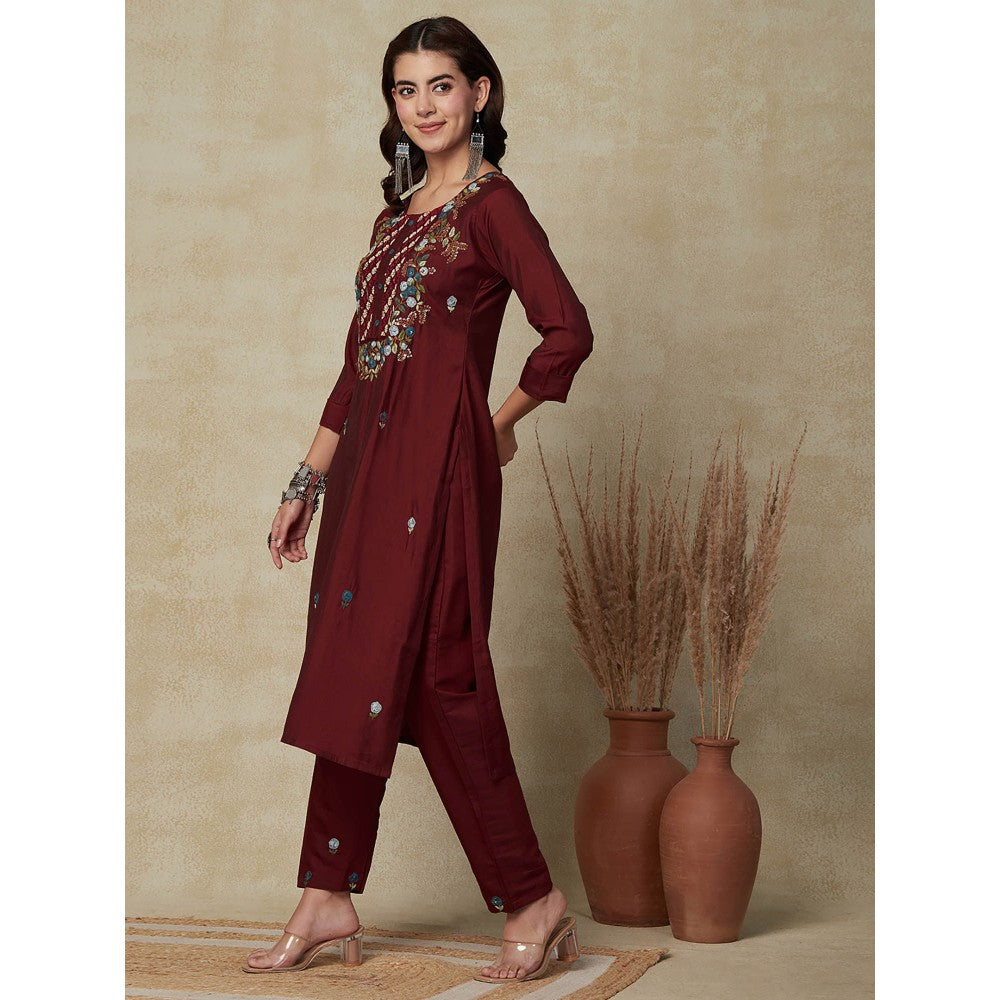 FASHOR Floral Hand Embroidered Straight Fit Kurta - Maroon