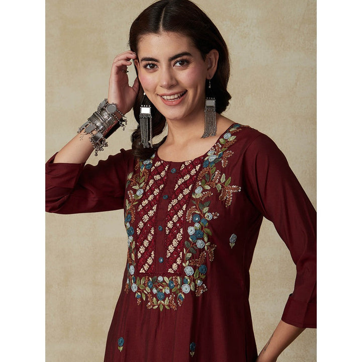 FASHOR Floral Hand Embroidered Straight Fit Kurta - Maroon