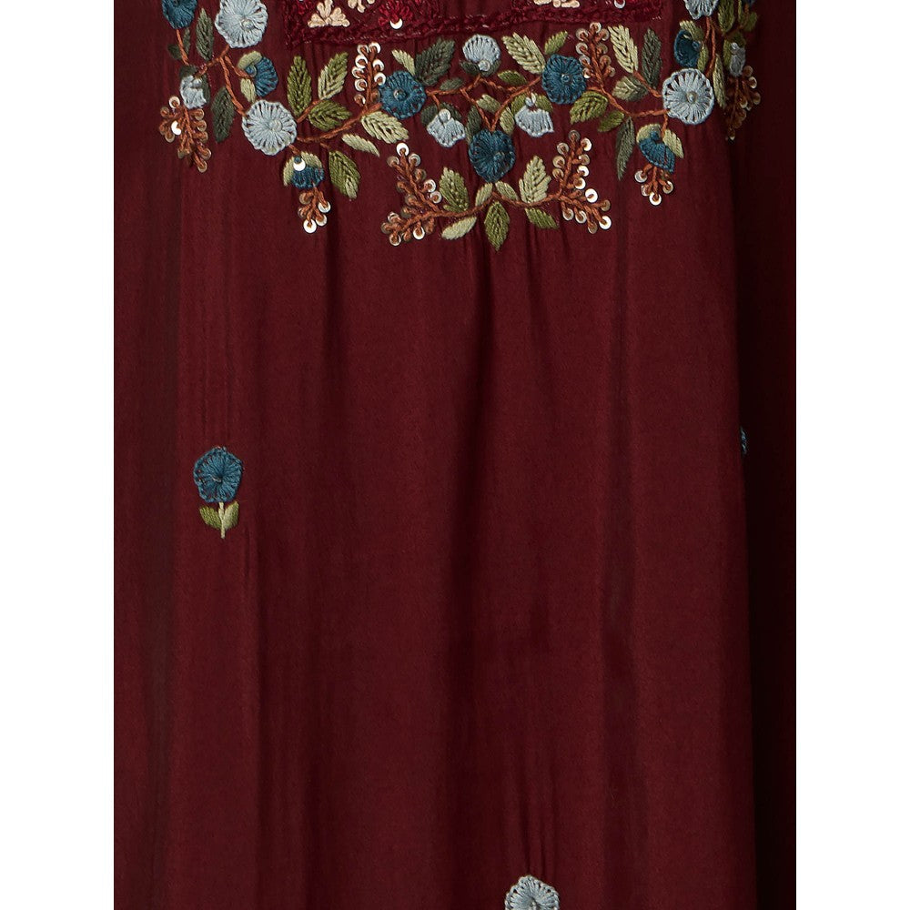 FASHOR Floral Hand Embroidered Straight Fit Kurta - Maroon