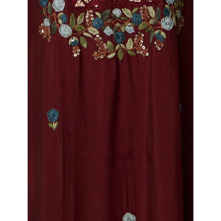 FASHOR Floral Hand Embroidered Straight Fit Kurta - Maroon