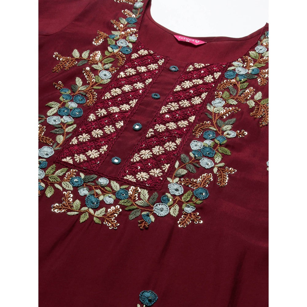 FASHOR Floral Hand Embroidered Straight Fit Kurta - Maroon