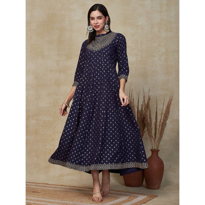 FASHOR Printed Zari Embroidered Anarkali Maxi Dress - Navy Blue