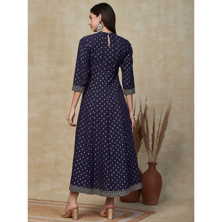 FASHOR Printed Zari Embroidered Anarkali Maxi Dress - Navy Blue