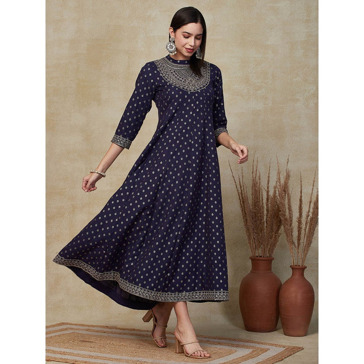 FASHOR Printed Zari Embroidered Anarkali Maxi Dress - Navy Blue