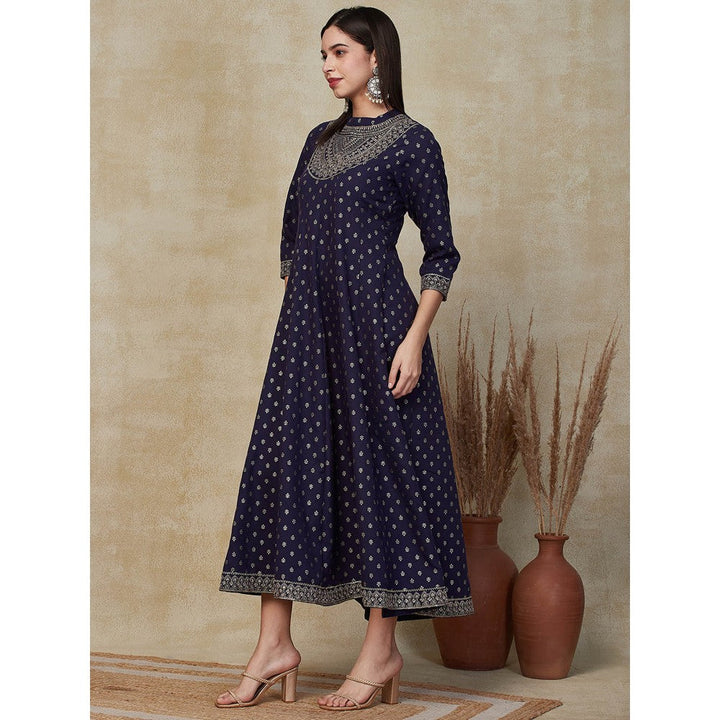 FASHOR Printed Zari Embroidered Anarkali Maxi Dress - Navy Blue