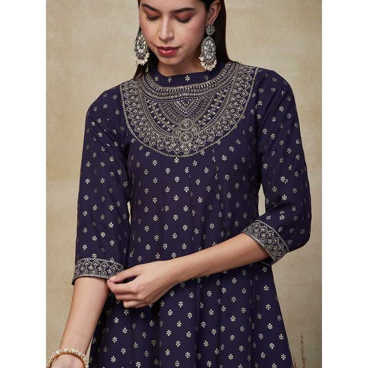 FASHOR Printed Zari Embroidered Anarkali Maxi Dress - Navy Blue