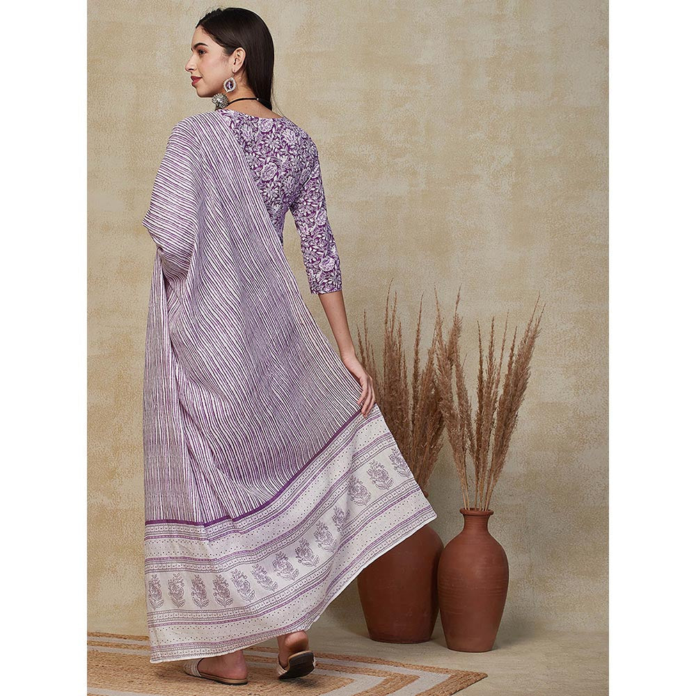 FASHOR Floral Embroidered Kurta With Salwar & Dupatta - Purple (Set of 3)
