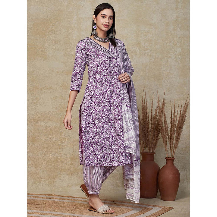 FASHOR Floral Embroidered Kurta With Salwar & Dupatta - Purple (Set of 3)