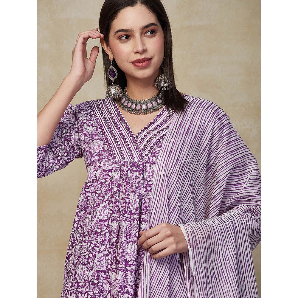 FASHOR Floral Embroidered Kurta With Salwar & Dupatta - Purple (Set of 3)