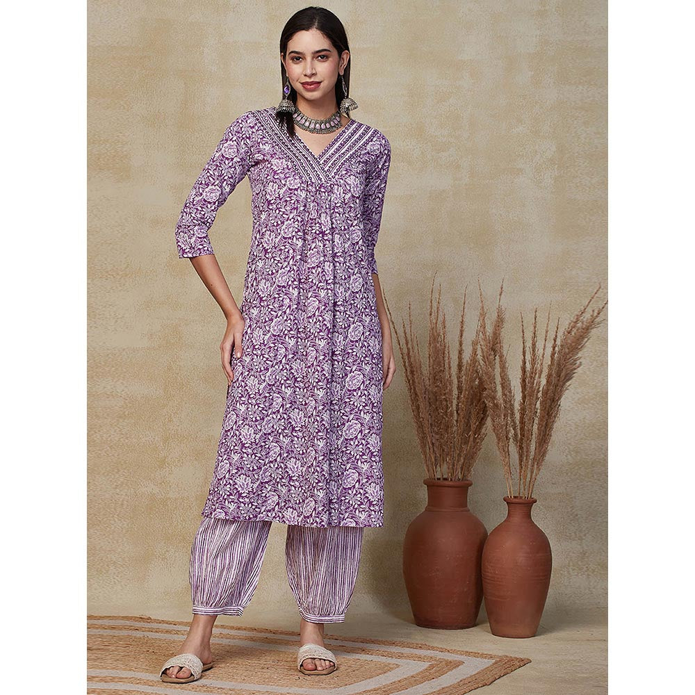 FASHOR Floral Embroidered Kurta With Salwar & Dupatta - Purple (Set of 3)