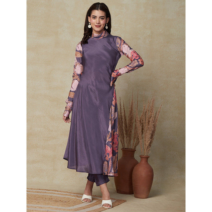 FASHOR Solid & Floral Printed Kurta with Pants Purple (Set of 2)