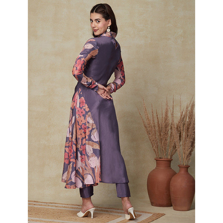 FASHOR Solid & Floral Printed Kurta with Pants Purple (Set of 2)