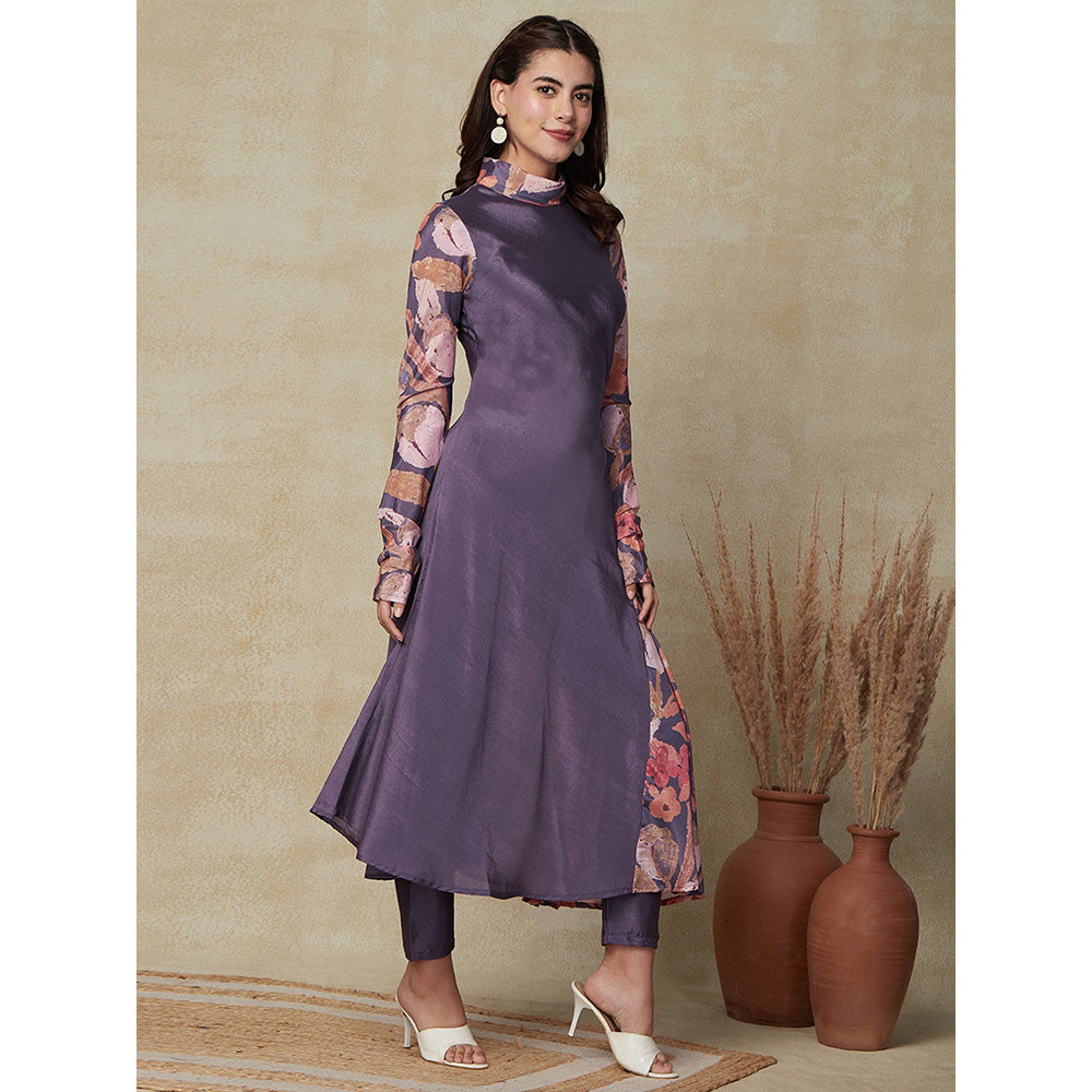 FASHOR Solid & Floral Printed Kurta with Pants Purple (Set of 2)