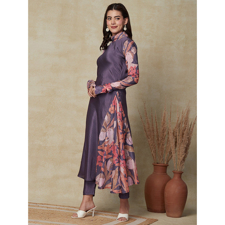 FASHOR Solid & Floral Printed Kurta with Pants Purple (Set of 2)