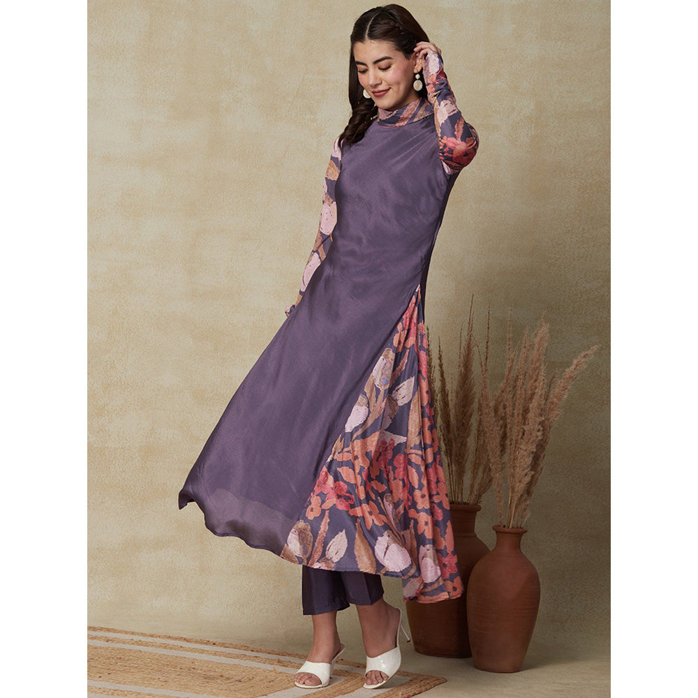 FASHOR Solid & Floral Printed Kurta with Pants Purple (Set of 2)