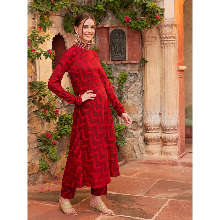 FASHOR Ethnic Chevron Printed Kurta with Pant Maroon (Set of 2)