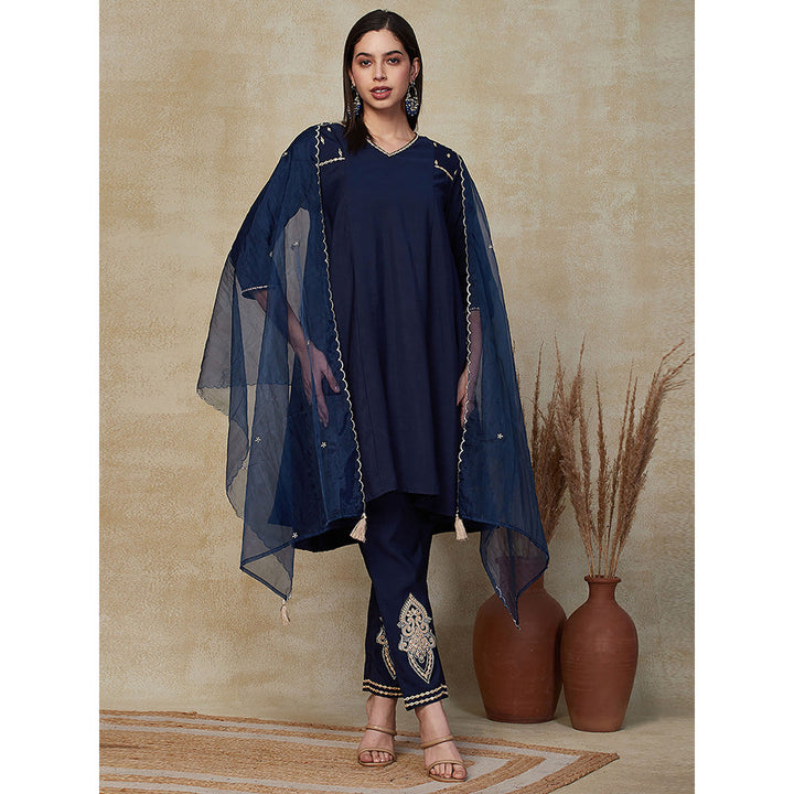 FASHOR Solid Embroidered Kurta with Pants & Dupatta - Blue (Set of 3)