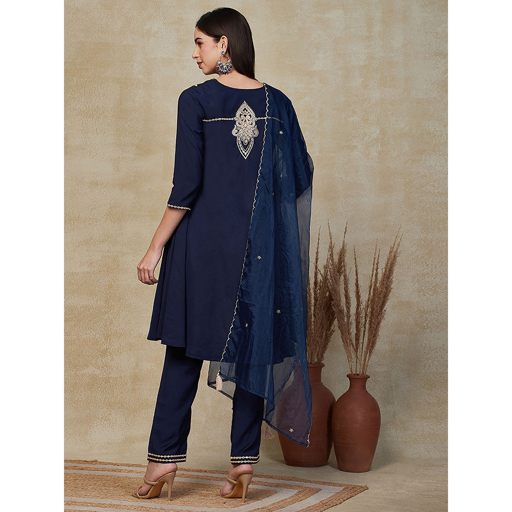 FASHOR Solid Embroidered Kurta with Pants & Dupatta - Blue (Set of 3)