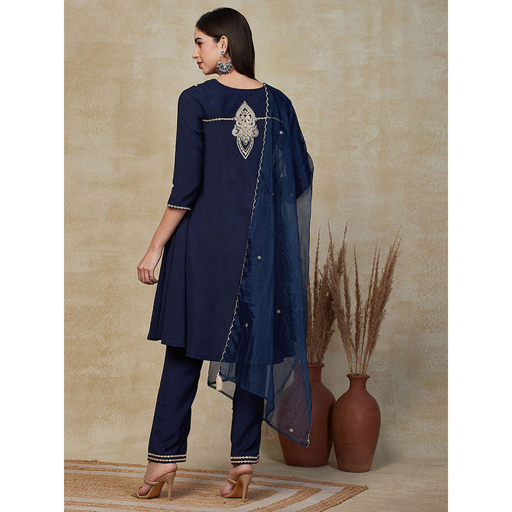 FASHOR Solid Embroidered Kurta with Pants & Dupatta - Blue (Set of 3)